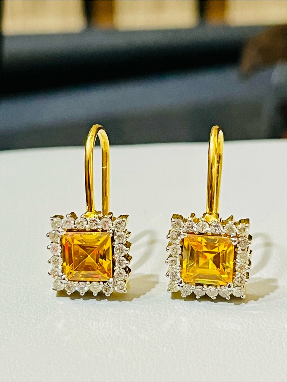 18k gold Citrine Square Halo Drop Earrings